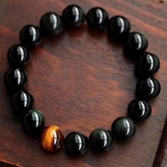 10mm Black Onyx Energy Tiger Eye Accent Stretch Bracelet - Picture 3 of 11